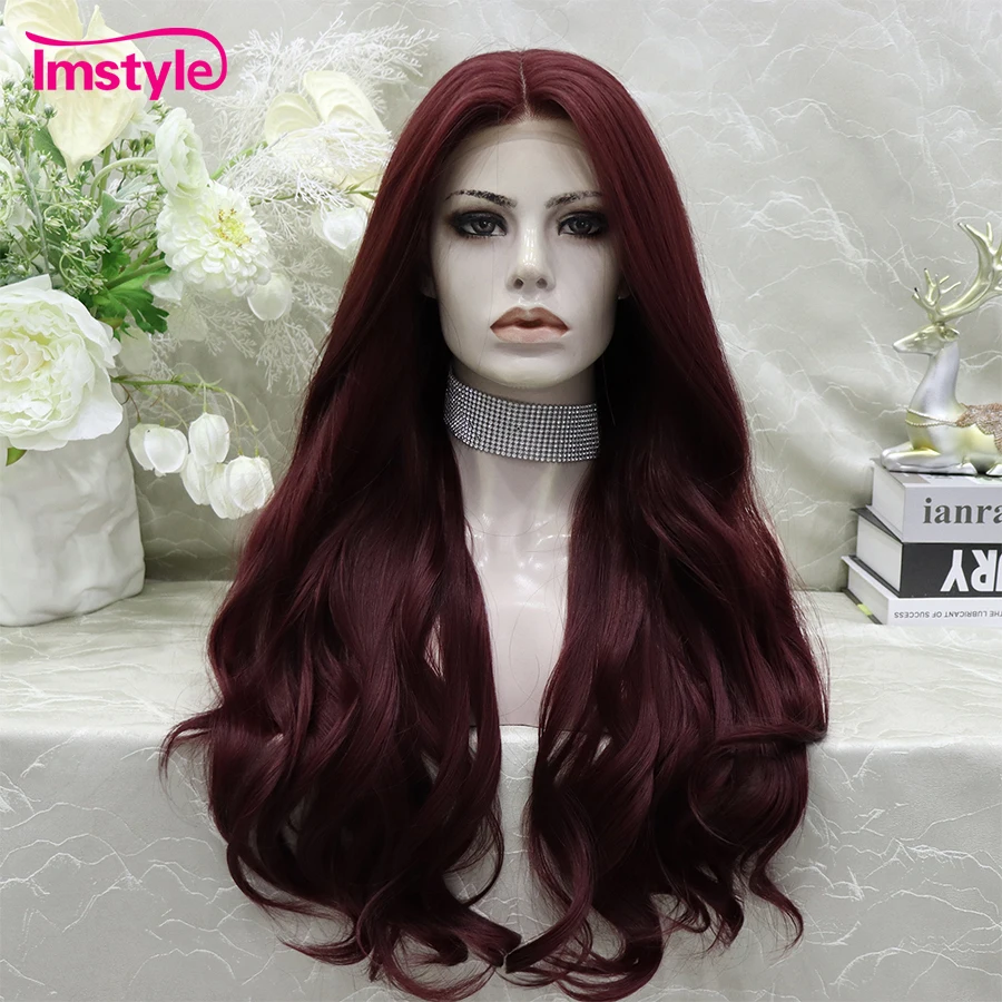 Peruca frontal de renda sintética para mulheres, peruca de cobre vermelho escuro, linha fina natural, peruca ondulada longa, resistente ao calor,