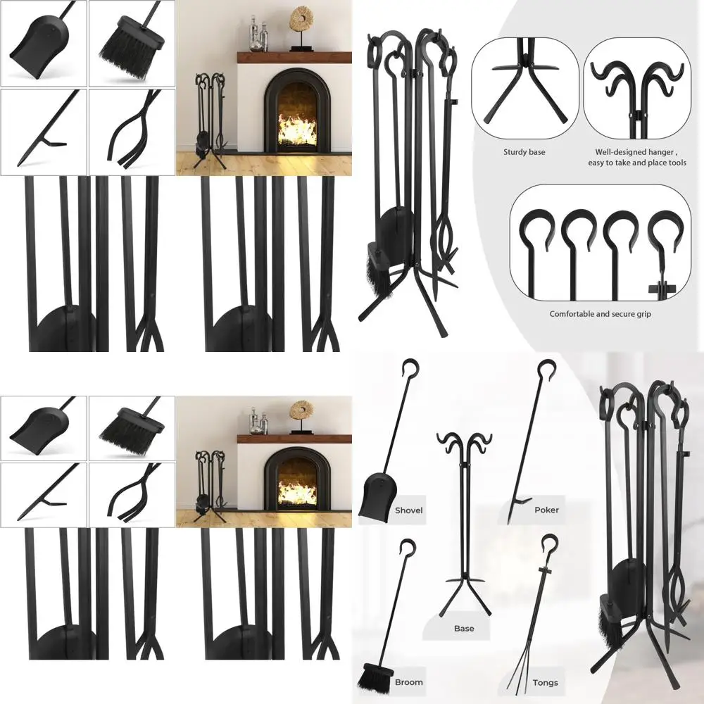 

5-Piece Durable Black Fireplace Tool Set for Indoor & Outdoor - Perfect Housewarming Gift