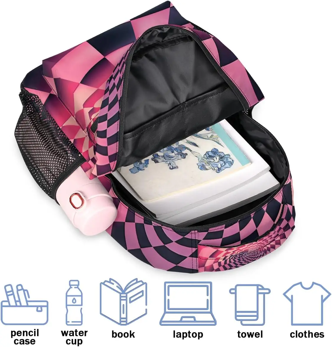 Black And Pink Checkerboard Travel Backpack 18 Inch For Women Men Water Resistant Shoulder Rucksack Daypack For Nurse Work