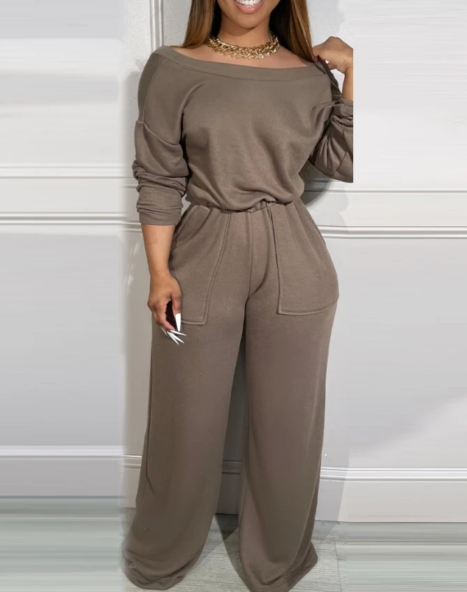 

Jumpsuit Women Autumn Slash Neck Casual Loose Off Shoulder Backless Long Sleeved High Waisted Pocket Wide Leg Pants Overall