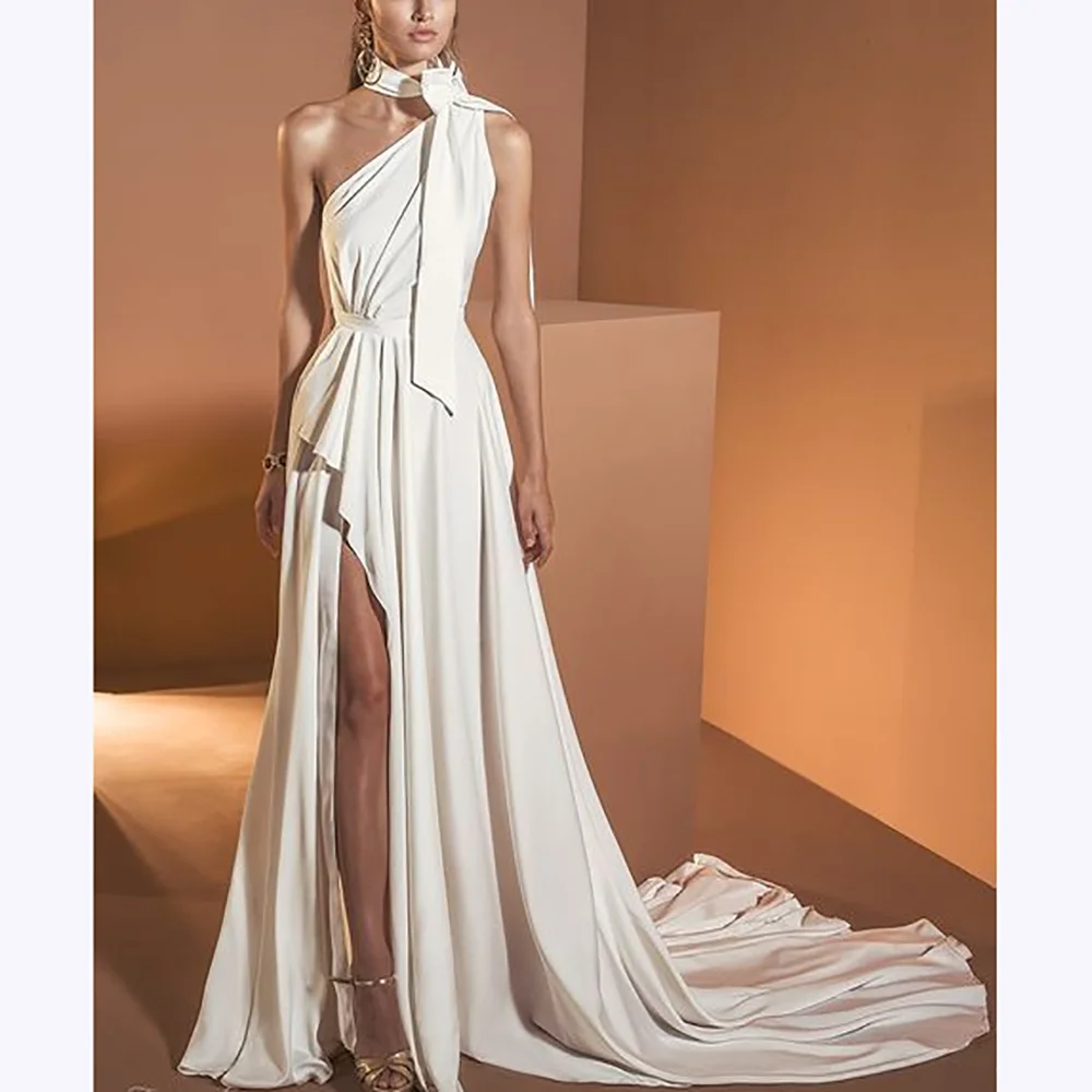 

White Prom Dresses One Shoulder Sweep Train Special Occasion Simple Chic Evening Dress A Line High Quality Banquet Gowns Modern