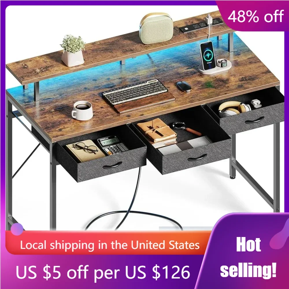 

47 Inch Computer Desk With LED Lights & Power Outlets Folding Table for Laptop Bed Desktops Rustic Brown Bureau Gaming Chair