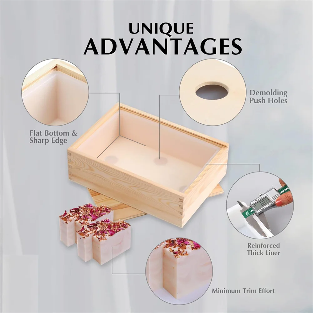 قوالب صابون كبيرة قالب بطانة سيليكون مستطيل مع صندوق خشبي وغطاء أدوات صنع الصابون اليدوية #3