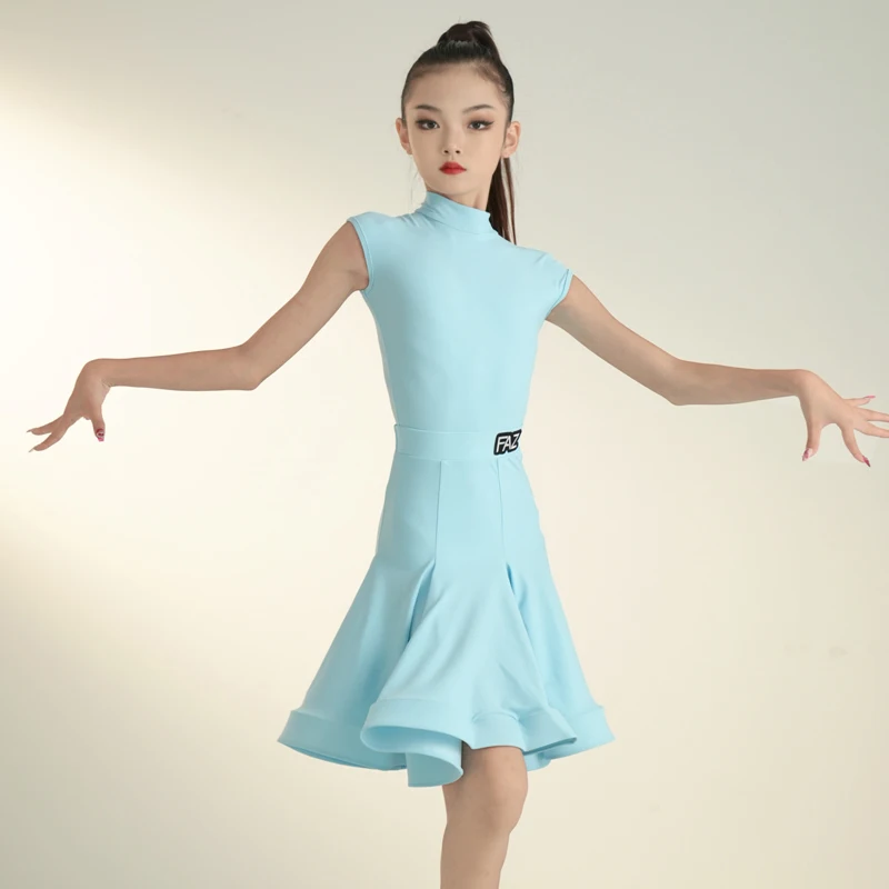 Summer Children's Latin Dance Competition Dance Dress for Girls Professional Standard Bag Shoulder Sleeveless Quality Dance Skir