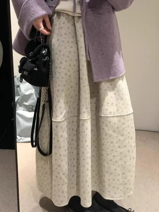 Korean Style High Waist A-Line Midi Skirt Women's Autumn Winter Floral Woolen Bouffant Half-length Slimming Umbrella Skirt