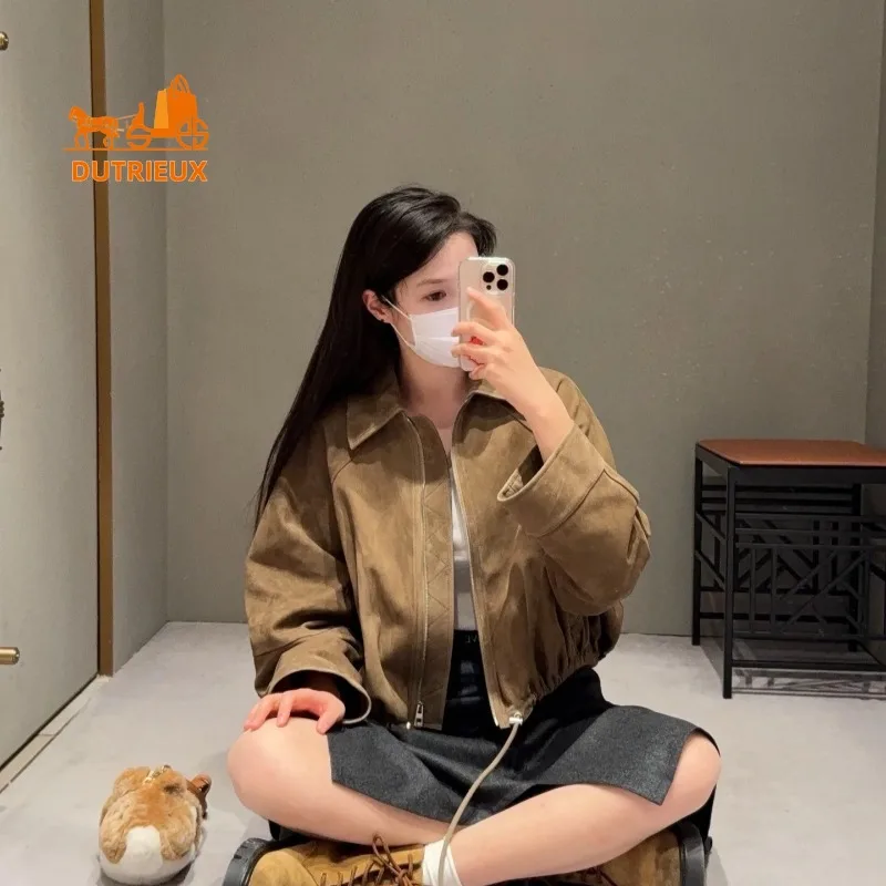 Winter Suede Leather Jacket Overzise Hem Leather Drawstring Design, 100% Goatskin Fabric Heavy Thick Women's Leather Jacket