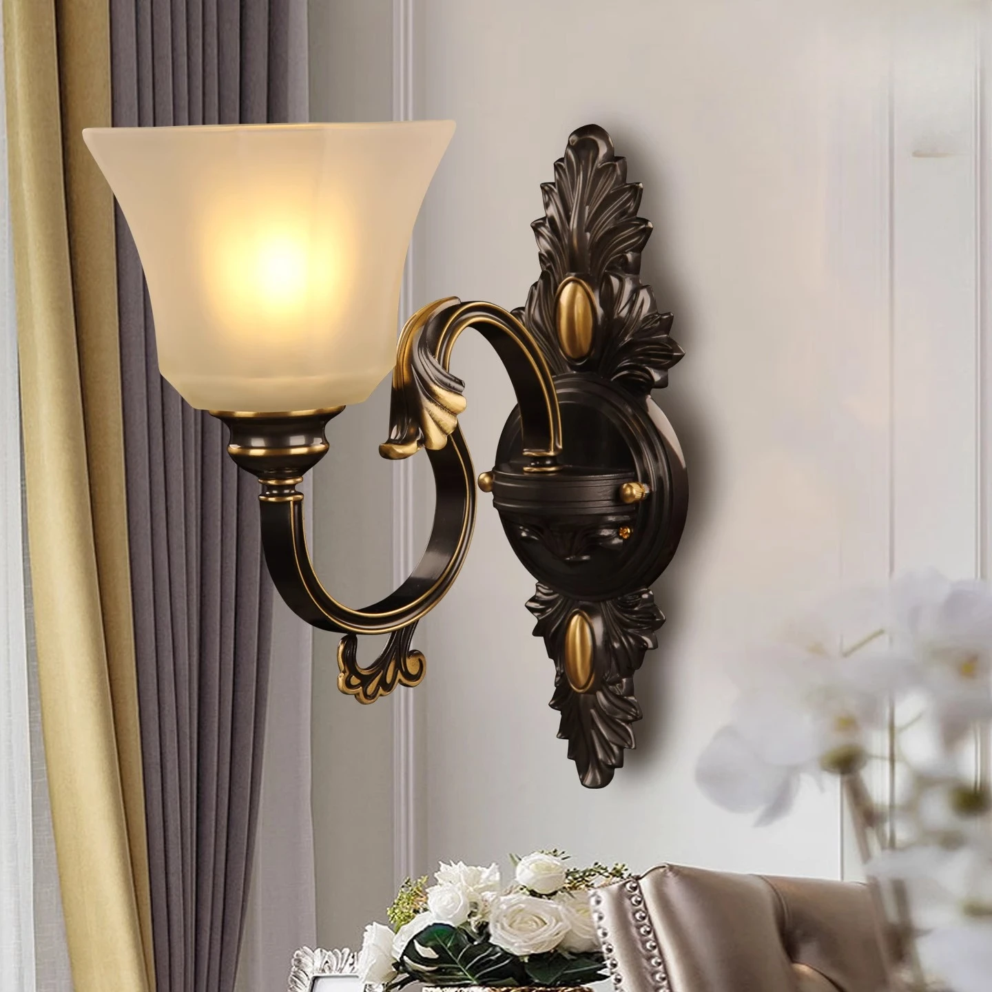 

American wall lamp living room simple bedroom bedside aisle stairs black wipe gold all copper classical wall lamp B031
