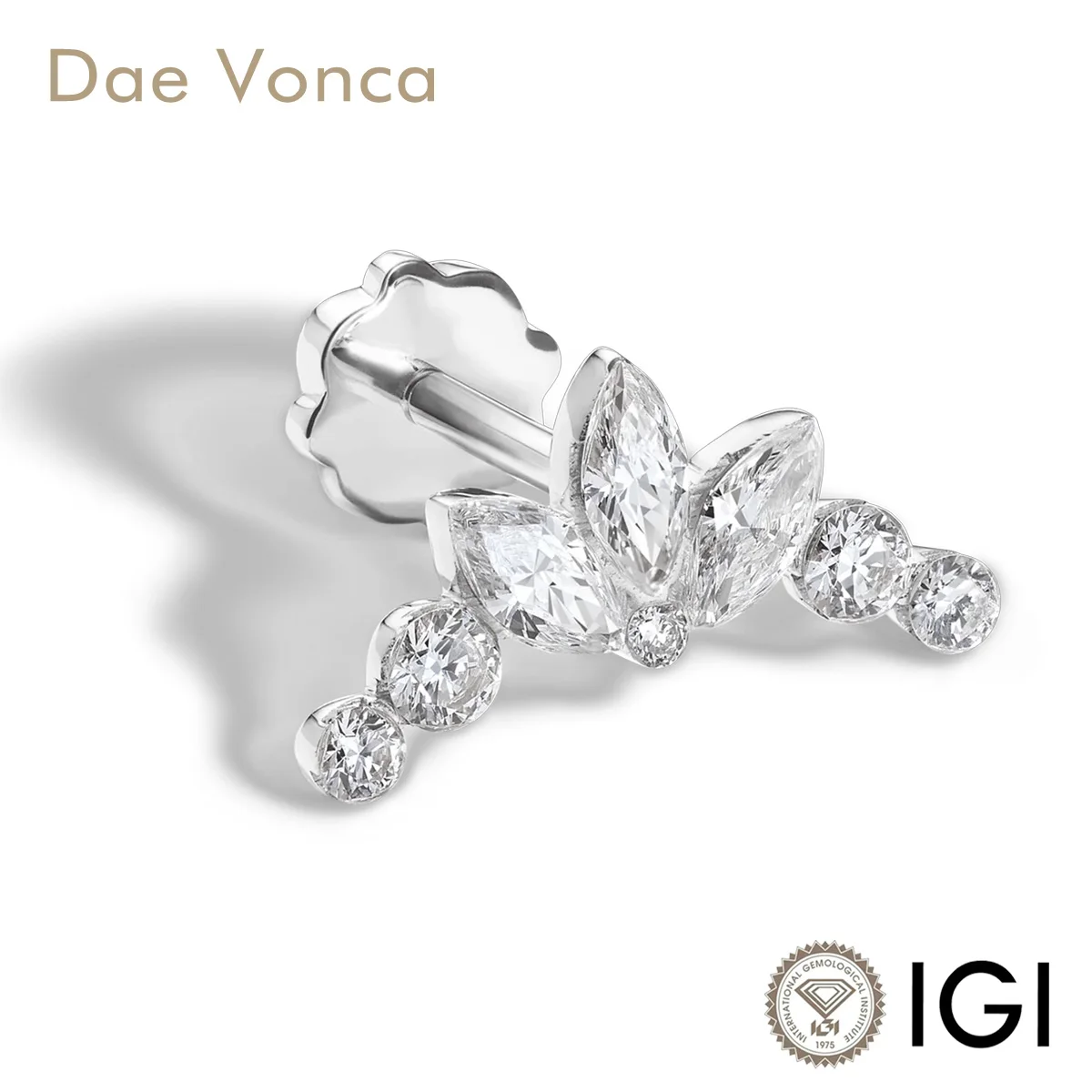 Invisible Setting Single Earring 9K/14K/18K White Gold Lab Grown Marquise&Round Shape Diamond Threaded Stud Earring Fine Jewelry