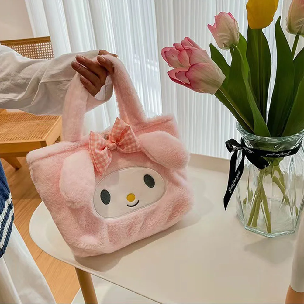 Sanrio Plush Bag Kawaii My Melody Kuromi Cartoon Animal Handbag Cute Cinnamoroll Storage Tote Bags Women Girls Birthday