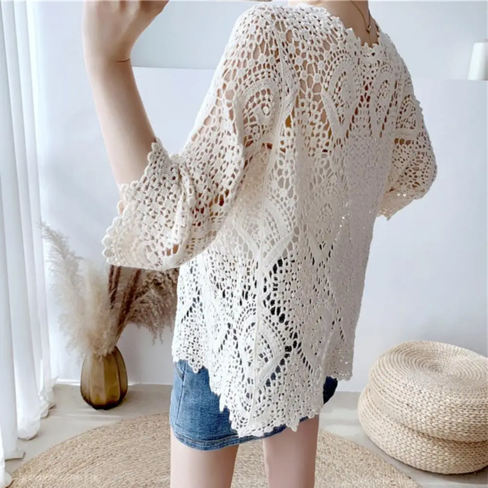 Women Knitted Lace Shrug Boho Hollow Crochet Floral 3/4 Sleeves Open Front Cropped Cardigan Elegant Mesh Sweater Coveup