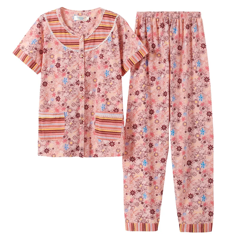 Womens Pajamas Sets Floral Print Summer Cotton Short Sleeve Two Pieces Set Women Sleepwear Sexy Nightwear for Women Sleeping Set