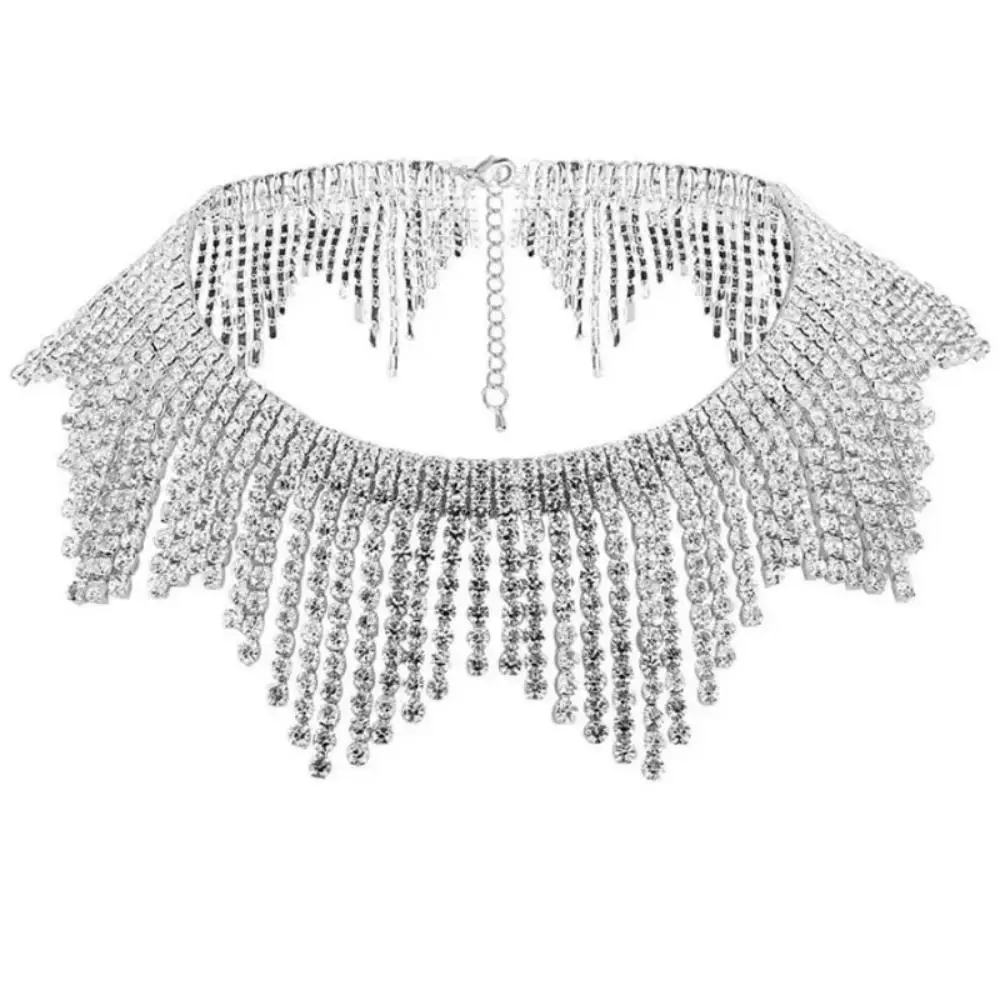 2024 New Layerd Tassel Choker Necklace Vintage Statement Crystal Rhinestone Wedding Neck Jewelry for Women Party Decorated