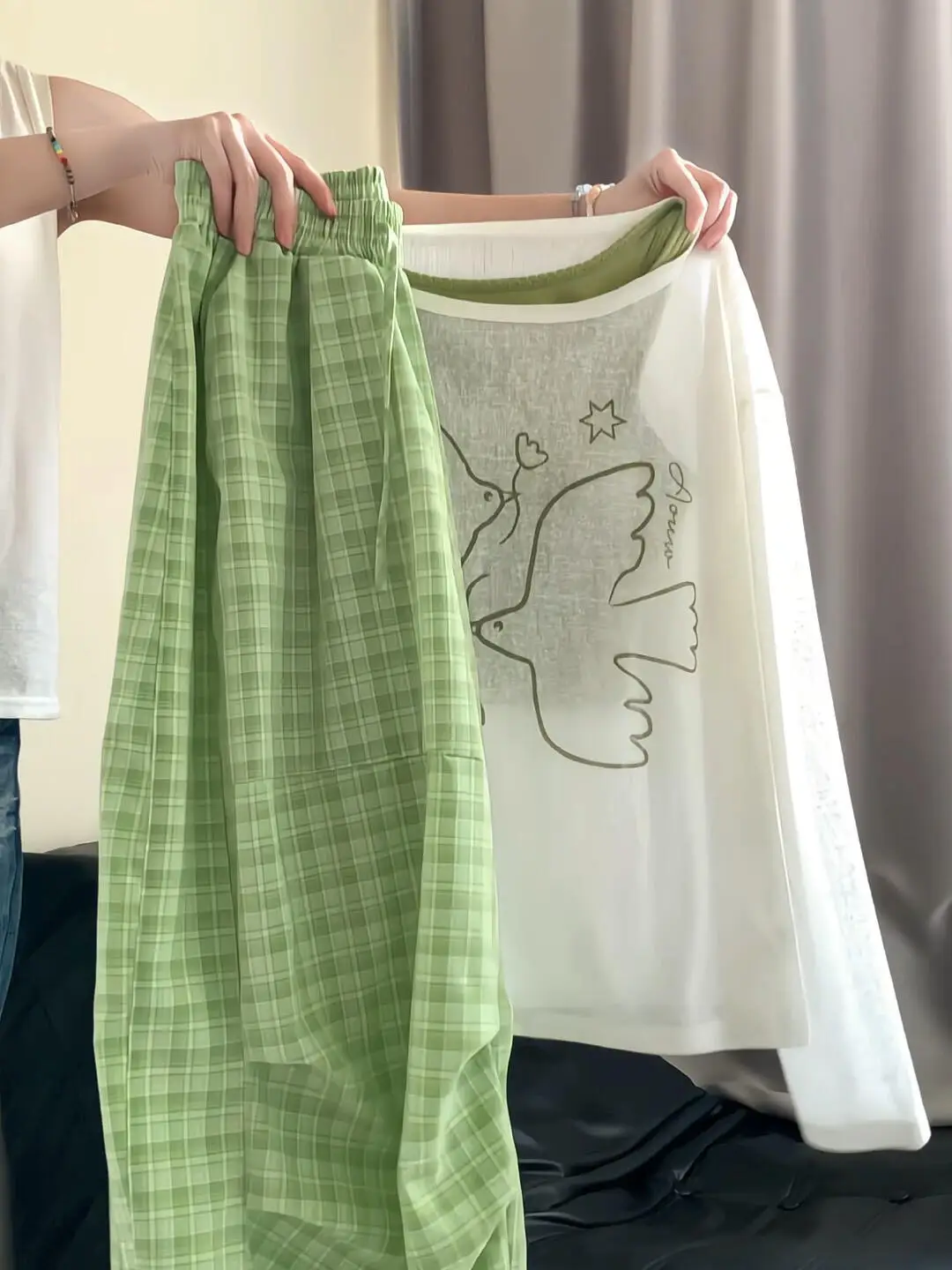 Korean Style Casual Long Sleeve Printed White Sun Protection Cover up T-Shirt Women's Spring Summer Green Vest Two Piece Set