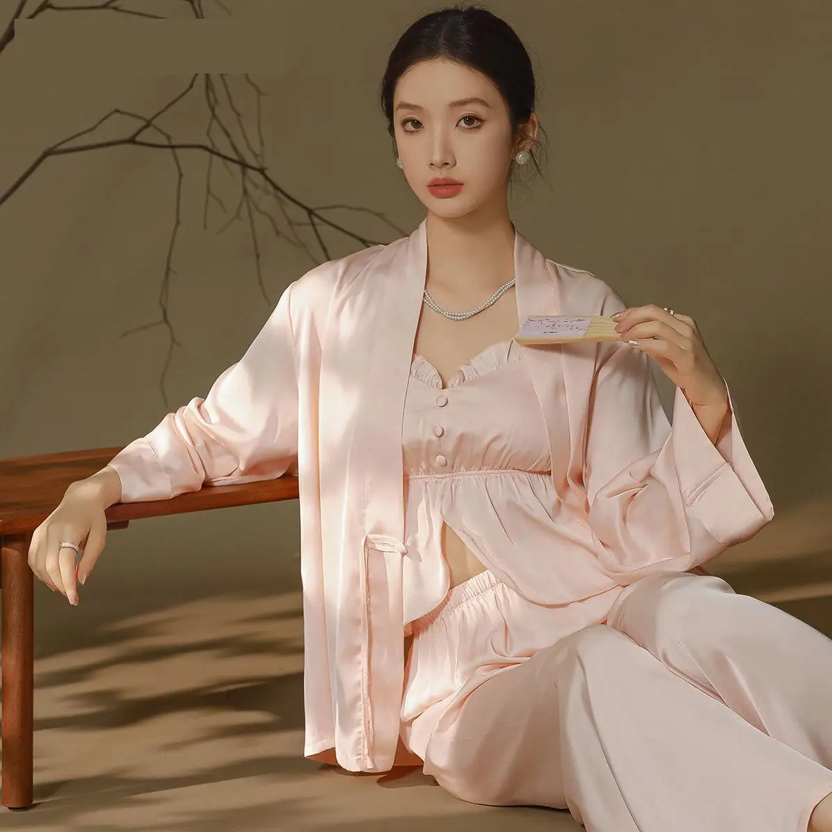 2024 New Long Sleeved Pajamas Three Piece Set With Satin Suspender Home Furnishing Thin Women's Spring And Autumn Luxury Female