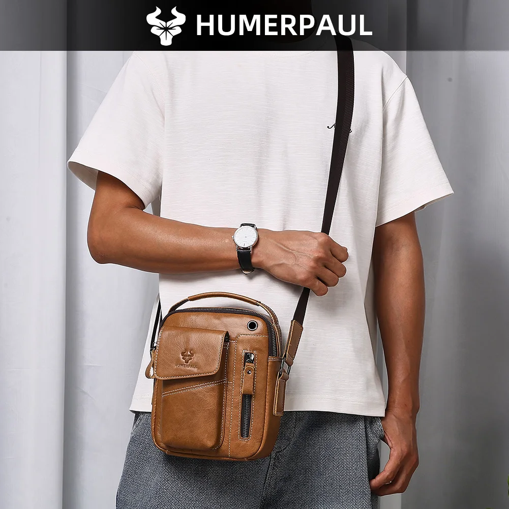 

HUMERPAUL 2026 New Genuine Leather Mens Shoulder Bag Small Vintage Shoulder Bags Mini High Quality Male Crossbody Bag for Travel