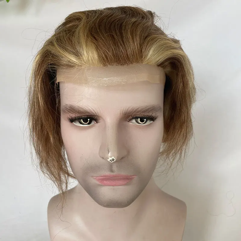 8x10 Inch Full Lace Toupee European 100% Human Hair Piece 4/27/613 Brown Blonde Highlighted Toupee for Hair Loss