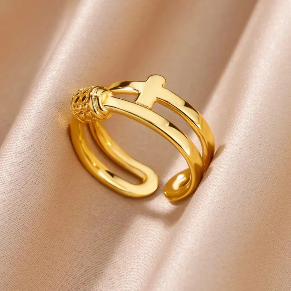 الفولاذ المقاوم للصدأ الصليب خواتم للنساء خمر الذهب اللون افتتاح الصليب البنصر مجوهرات الزفاف هدية anillos mujer