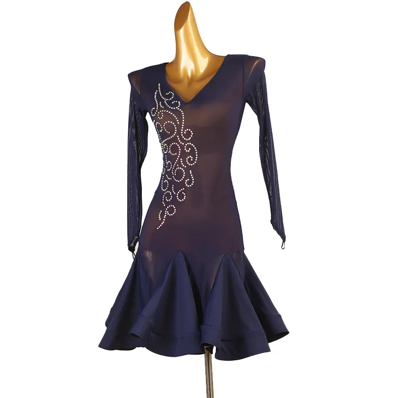 V‑neck long sleeve single side scroll rhinestone pattern big swing fishtail dance dress for latin dance competition stage perfor
