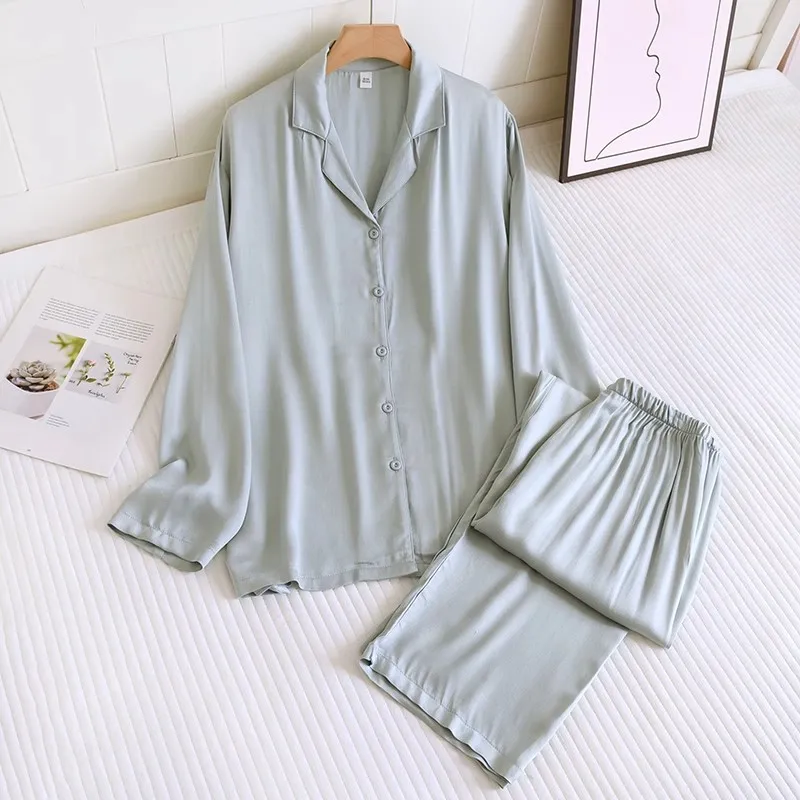 Couple Cotton Silk Pajamas Women's Summer Satin Rayon Long-sleeved Trousers 2 Pcs Set Solid Color Men's Loungewear Thin Set