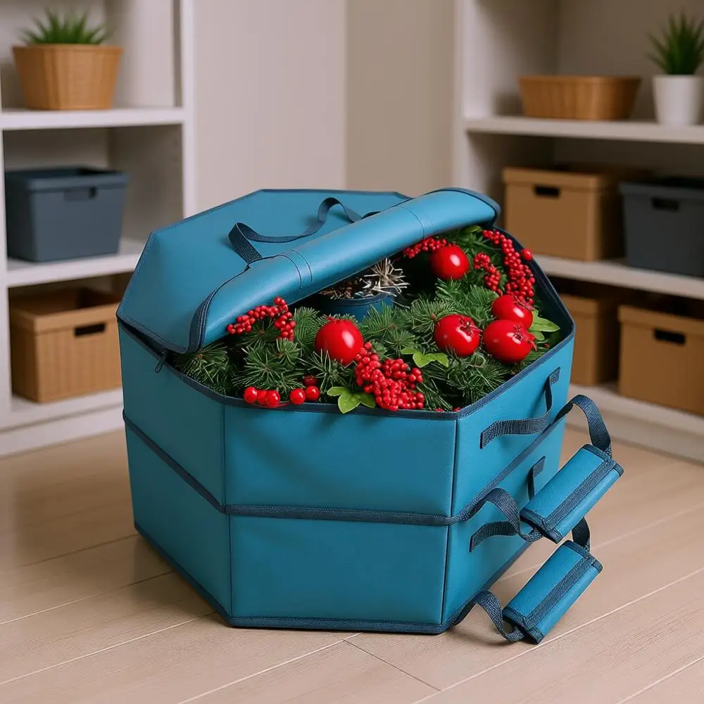 

Container-Hard Shell Christmas Bag with Interior Pockets, Dual Zipper and Handles-Premium Wreath Storage Organizer Box, 30, Blue
