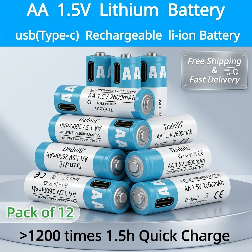

1.5V AA Lithium Rechargeable Battery 2600mAh USB Charging Li-ion Batteries for Wireless Mouse, Toy, Fan + Type-C Cable