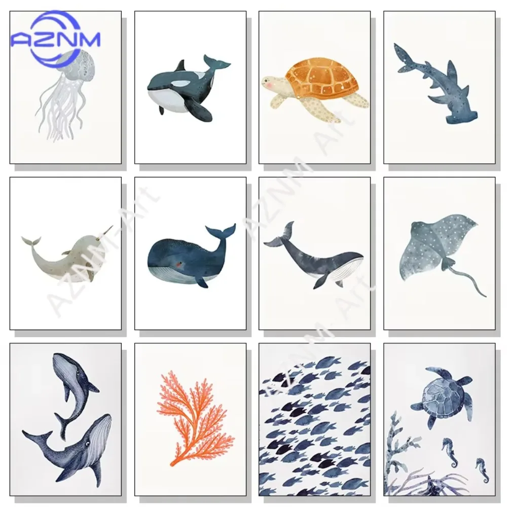 1pc Ocean Animal Shark Turtle Dolphin Whale Fish Poster Watercolor Canvas Painting Print for Wall Living Room Nursery Home Decor