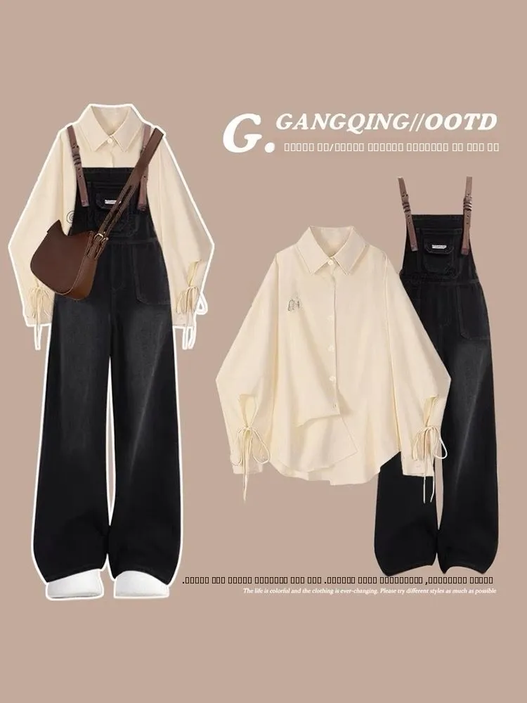 

Осенняя мода, корейский женский дизайн, утягивающий и винтажный джинсовый комбинезон, комплект из двух предметов, полиэстер для колледжа