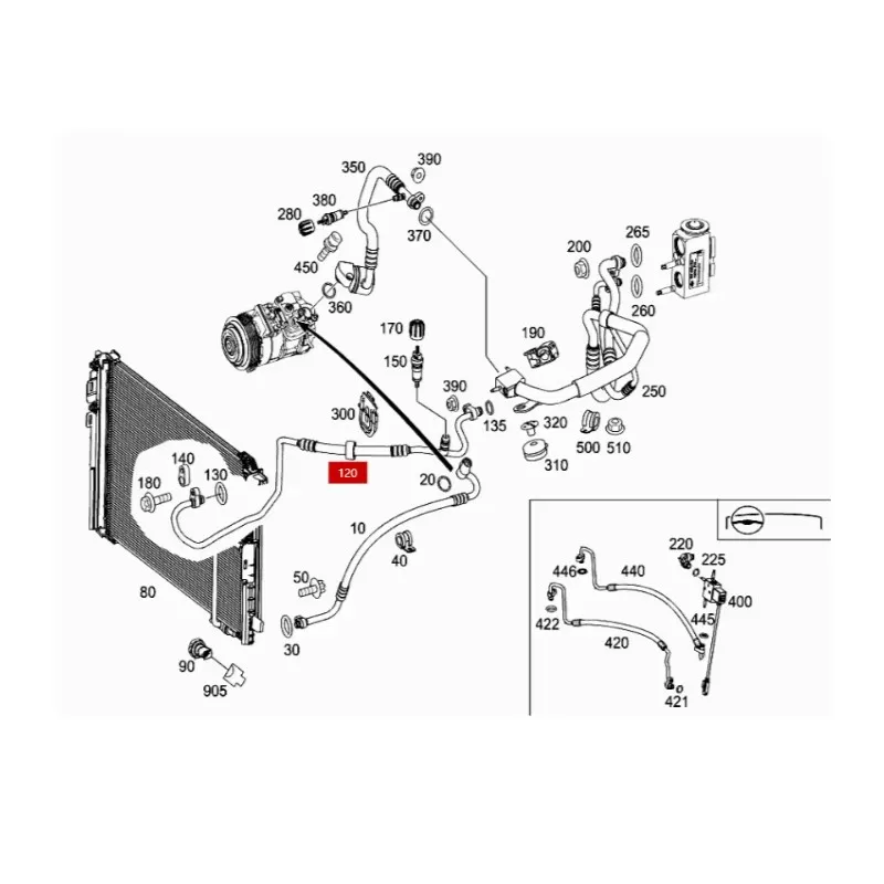 A2128302316 E200 E180 E400 The refrigerant pipeline is connected to the condenser at the separation point