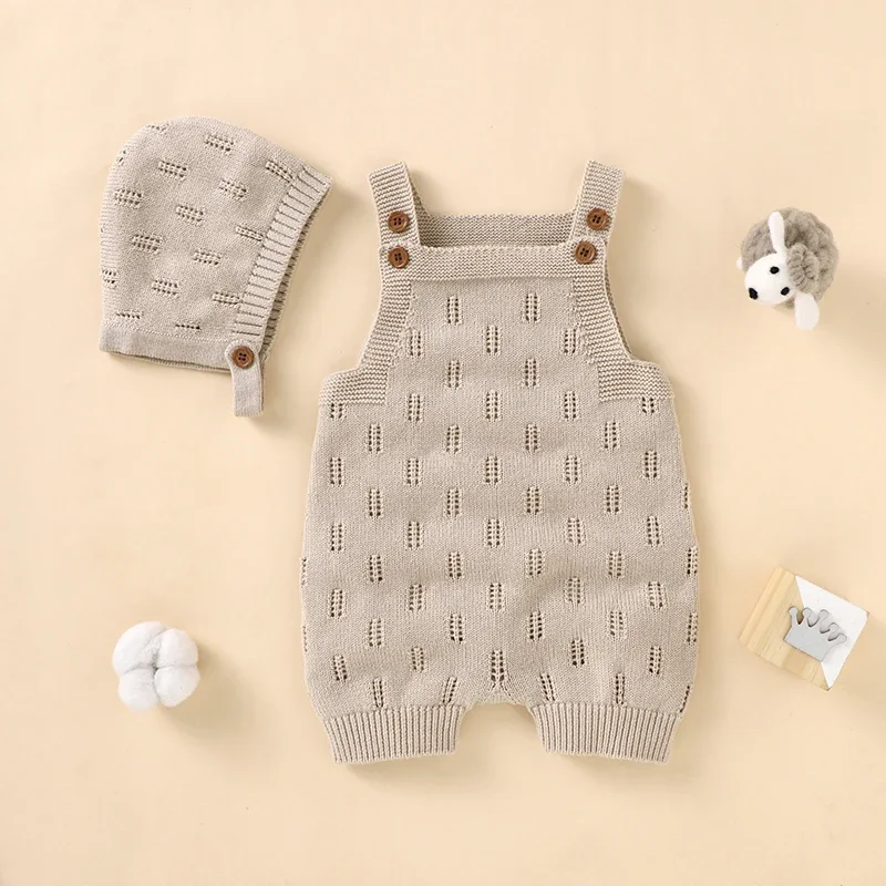 

Baby Romper Cotton Knitted Newborn Boy Girl Jumpsuit Outfit Sleeveless Summer Infant Toddler Hollow Out Clothing Hat 2PC Onesies