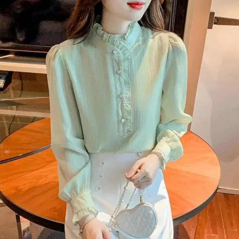 New Chiffon Ruffles Patchwork Long Sleeve Blouse Spring Autumn New Solid All-match Korean Shirt Tops Sweet Fashion Women Clothes