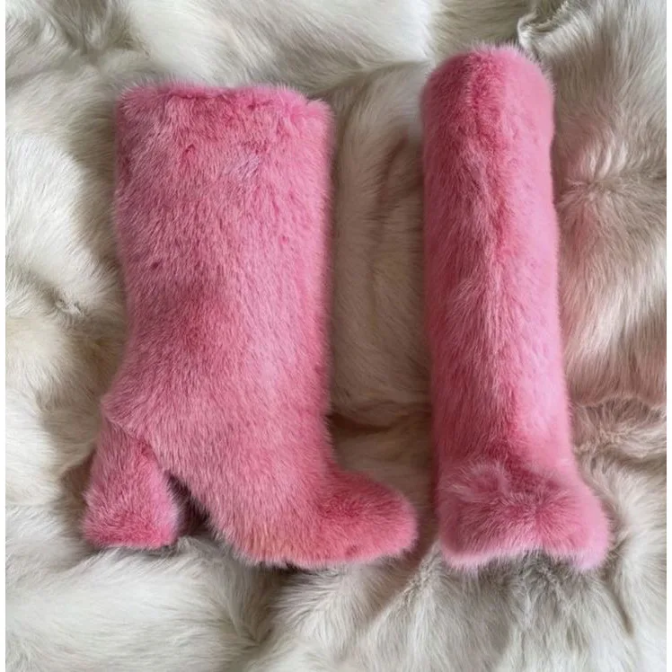 

Fur Round Toe Knee-High Platform Women Winter Snow Boots Chunky High Heels Slip On Design Large Size Custom Color Shoes