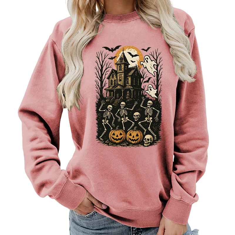 

Women's Halloween Skull Pumpkin Printed Round Neck Women's Top Sweatshirt Casual Long Sleeve Pullover T-shirt