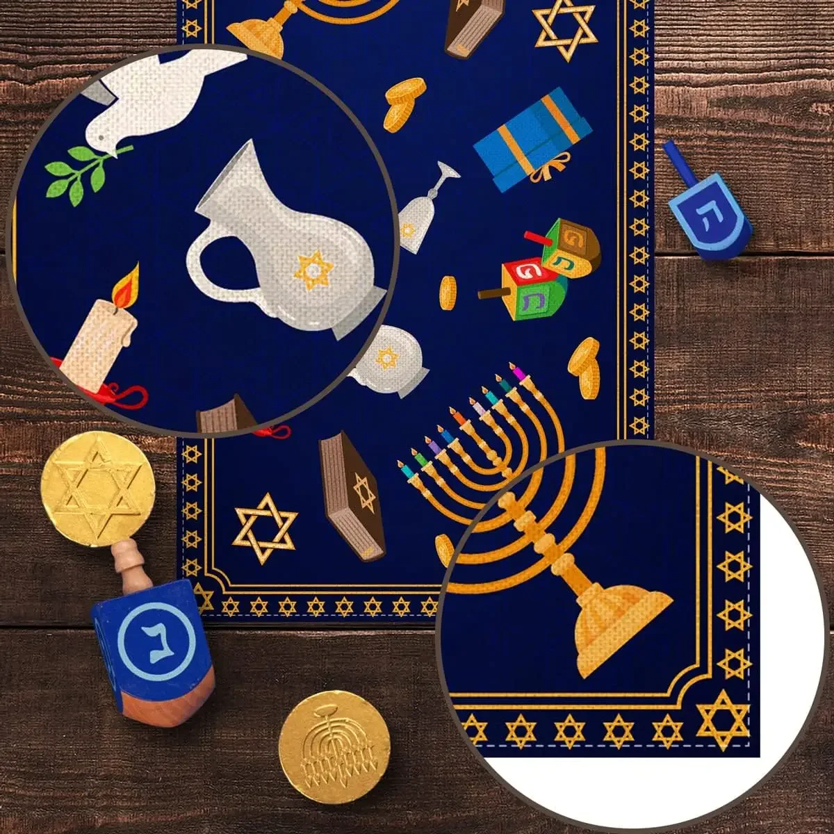 Camino de mesa de lino de Hanukkah Chanukah Menorah Dreidel estrella de David Festival judío cocina caminos de mesa de comedor decoración del hogar