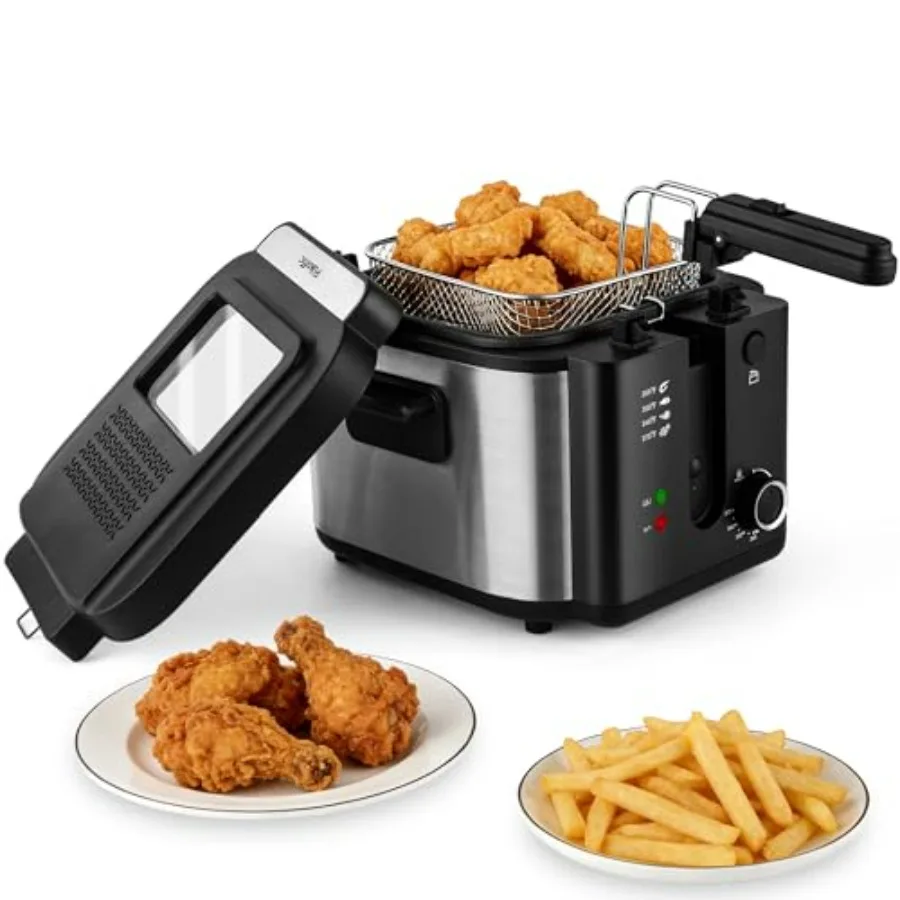 

Electric Deep Fryer with Basket for Home Use 2.5L Non-Stick Inner Pot Adjustable Temperature Removable Lid Easy to Clean Black