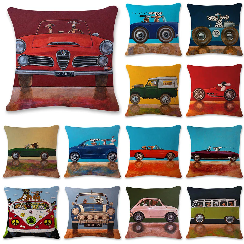 Creative puppy driving car travel printed cushion cover for home living room sofa decoration polyester pillowcase