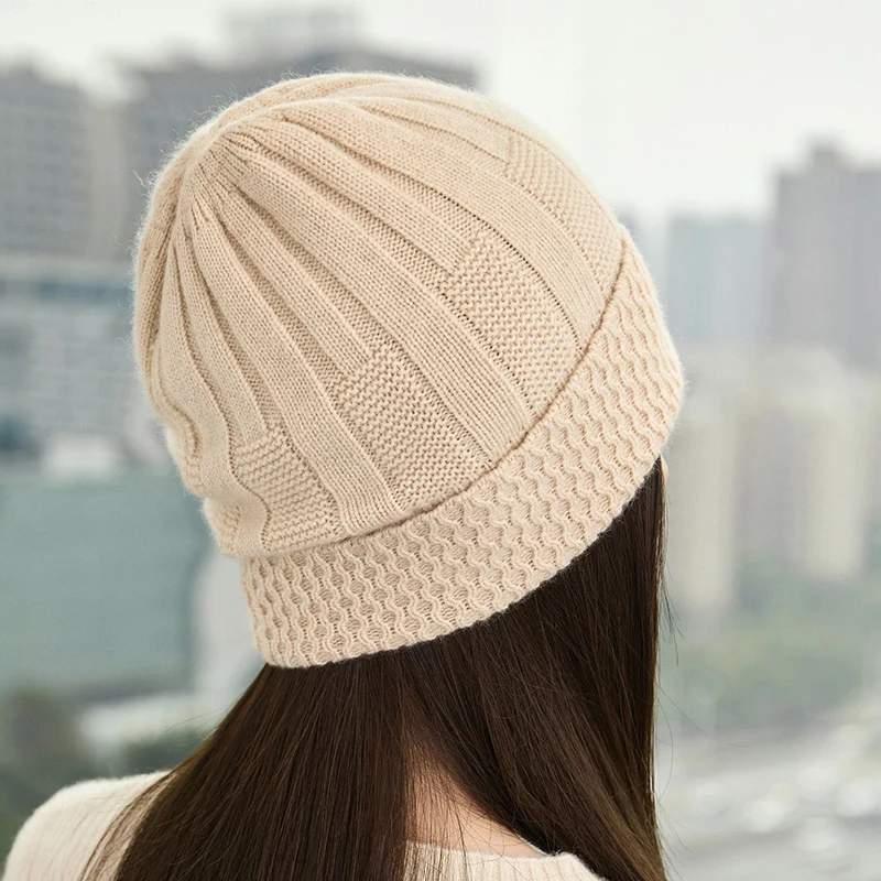 

Aliselect High Quality 100% Cashmere Women Winter Cashmere Hats Multifunctional Ripple Cashmere Knitted Hats Korean Caps