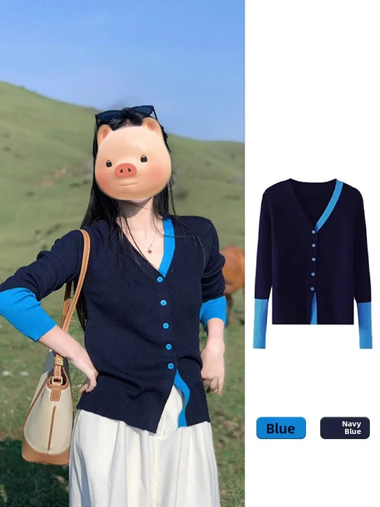

Blue V-Neck Knitted Open Cardigan Women's Outerwear Autumn Winter Chic Base Shirt Korean Style Commute Fashion Regular Fit
