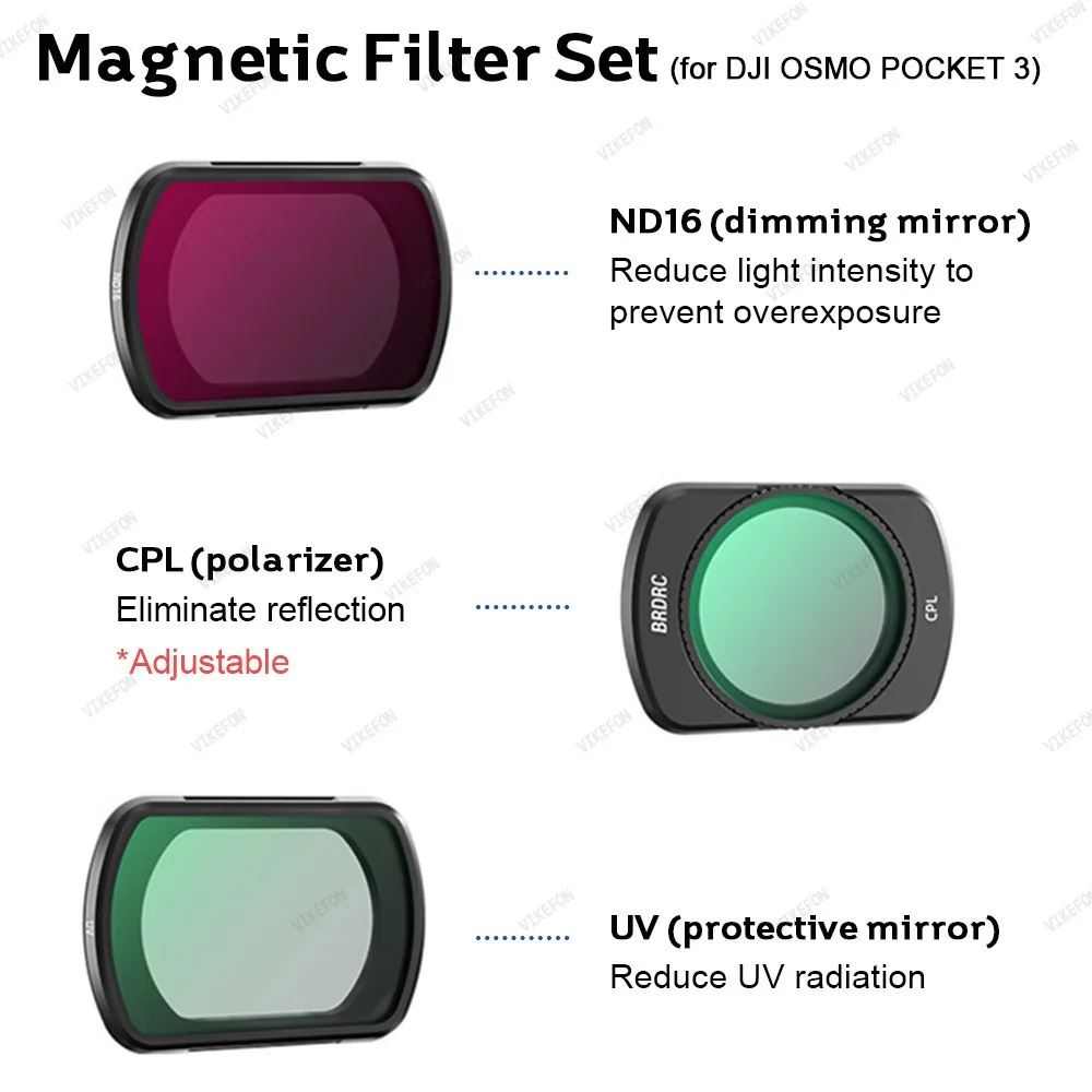 

Аксессуары для DJI OSMO POCKET 3: набор магнитных фильтров для объектива, защитное УФ-стекло, светофильтр ND16 и регулируемый поляризационный фильтр CPL