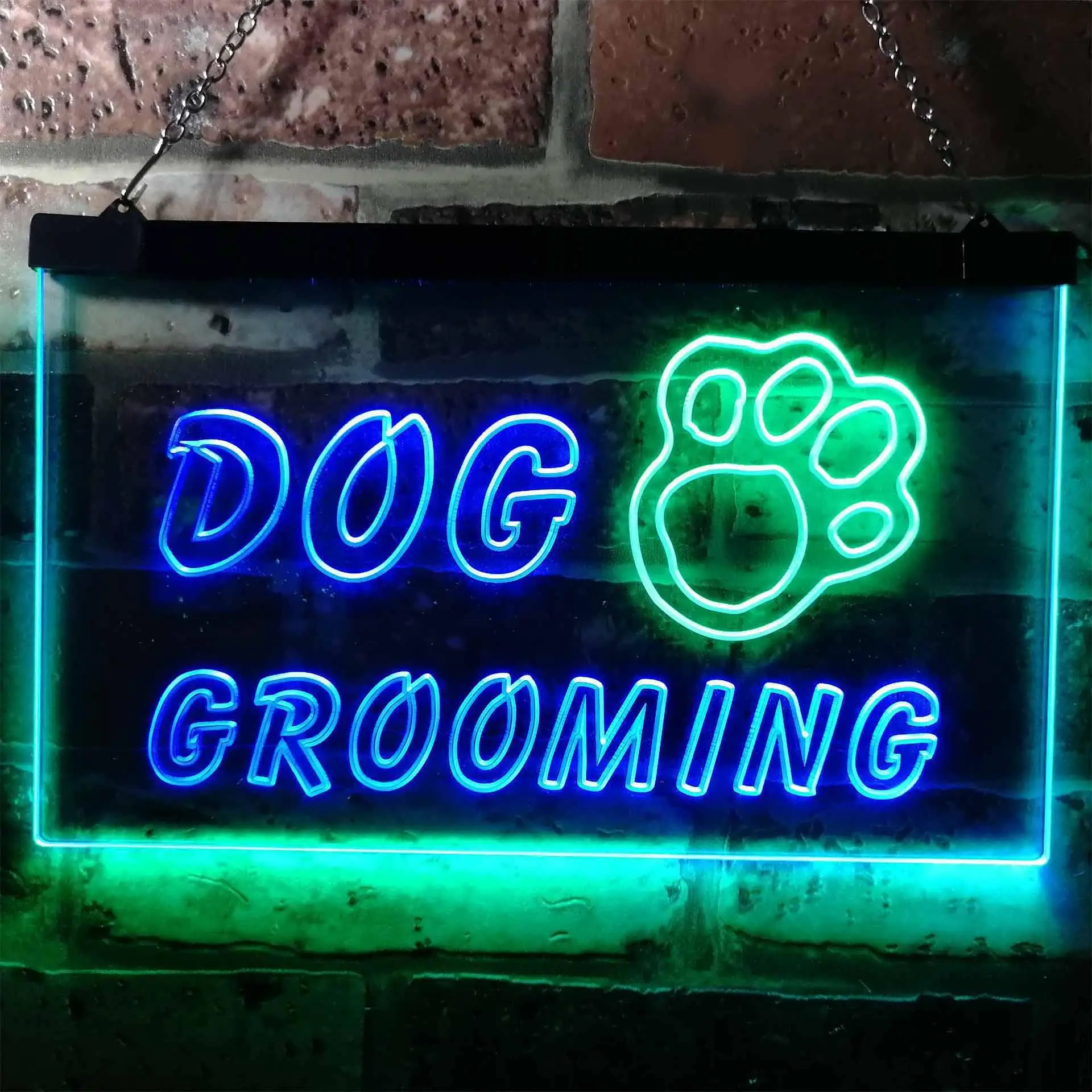 Dog Grooming. with Paw Print Dual Color Led Neon Sign st6-i0597
