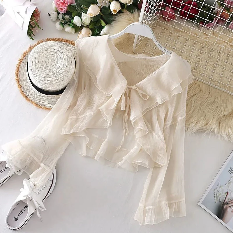 Chic Flare Sleeve Sun Proof Blouse Women Elegant Thin Sweet Shirt Korean Fashion Casual Lace Up Female Summer Sexy Cropped Tops