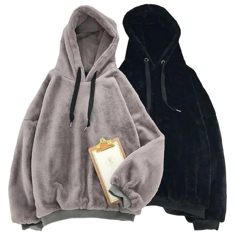 Autumn Winter Fleece-lined Hooded Long-sleeve Sweatshirt Women Hoodies Fashion Loose Couple\'s Warm Plush Coat Lazy Style Tops