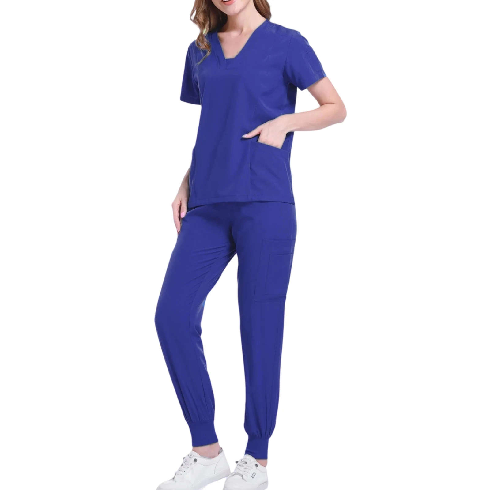 女性用ナーススクラブセット Vネック 半袖 マルチカラー ゆったり 快適 多ポケット 医療ユニフォーム 医療作業服