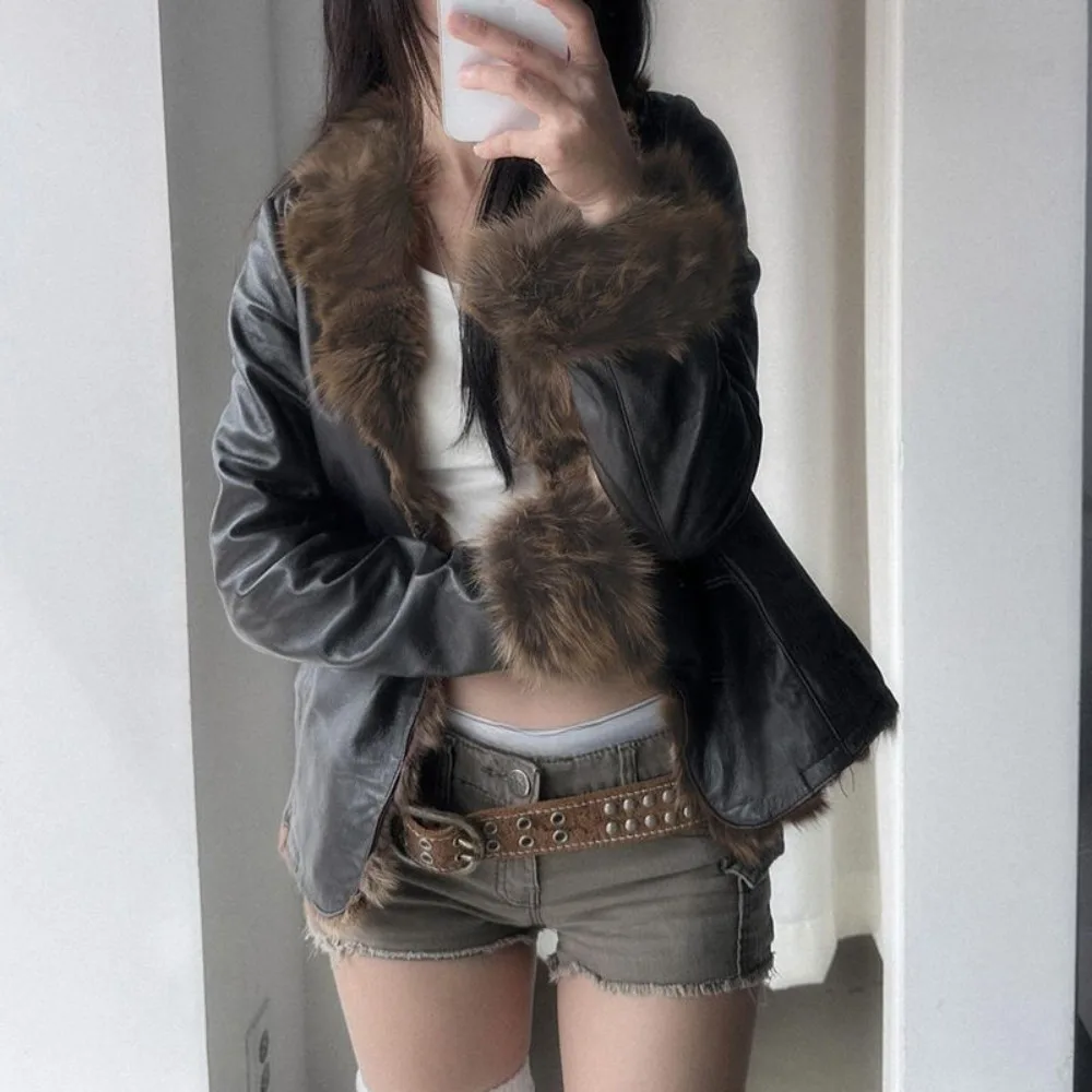 Neploe Slim PU American Vintage Fur Patchwork Coat Leather Spice Girls Fairycore Y2K Jacket Harajuku Streetwear Hip Hop Outwears