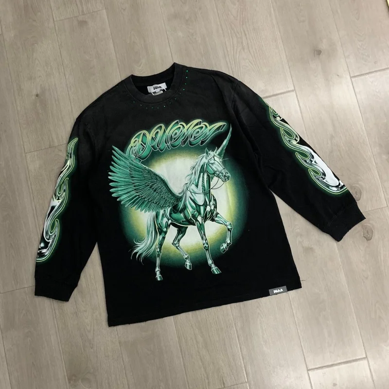 DUAA LONG TEE Black Round Neck Men's Women's Fall Winter Fashion Rhinestone Long-Sleeve