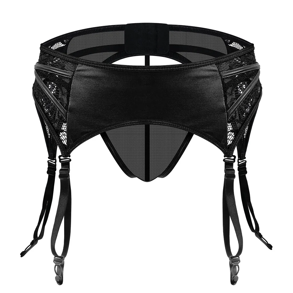 

Two Piece Men's Lace Underwear Semi Transparent Faux Leather Waist Seal Mesh Thong Sexy Adult Panties With Garter Belts Attachs