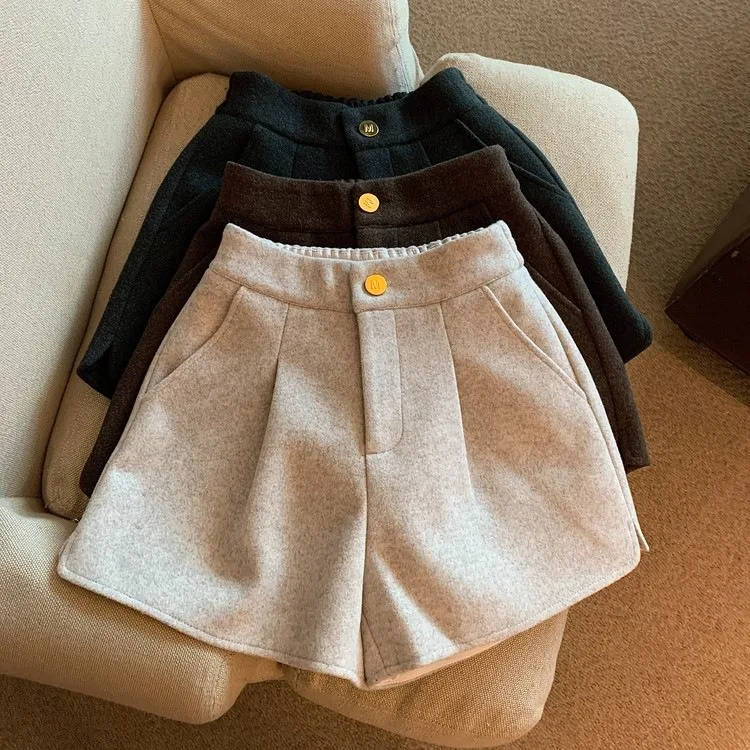 Damen-Shorts aus dicker Wolle mit weitem Bein, Herbst-Winter, neue High-Waist-Shorts, locker geschnitten, gerade geschnitten, Bootcut-Shorts, lässige Oberbekleidung – Detail 1