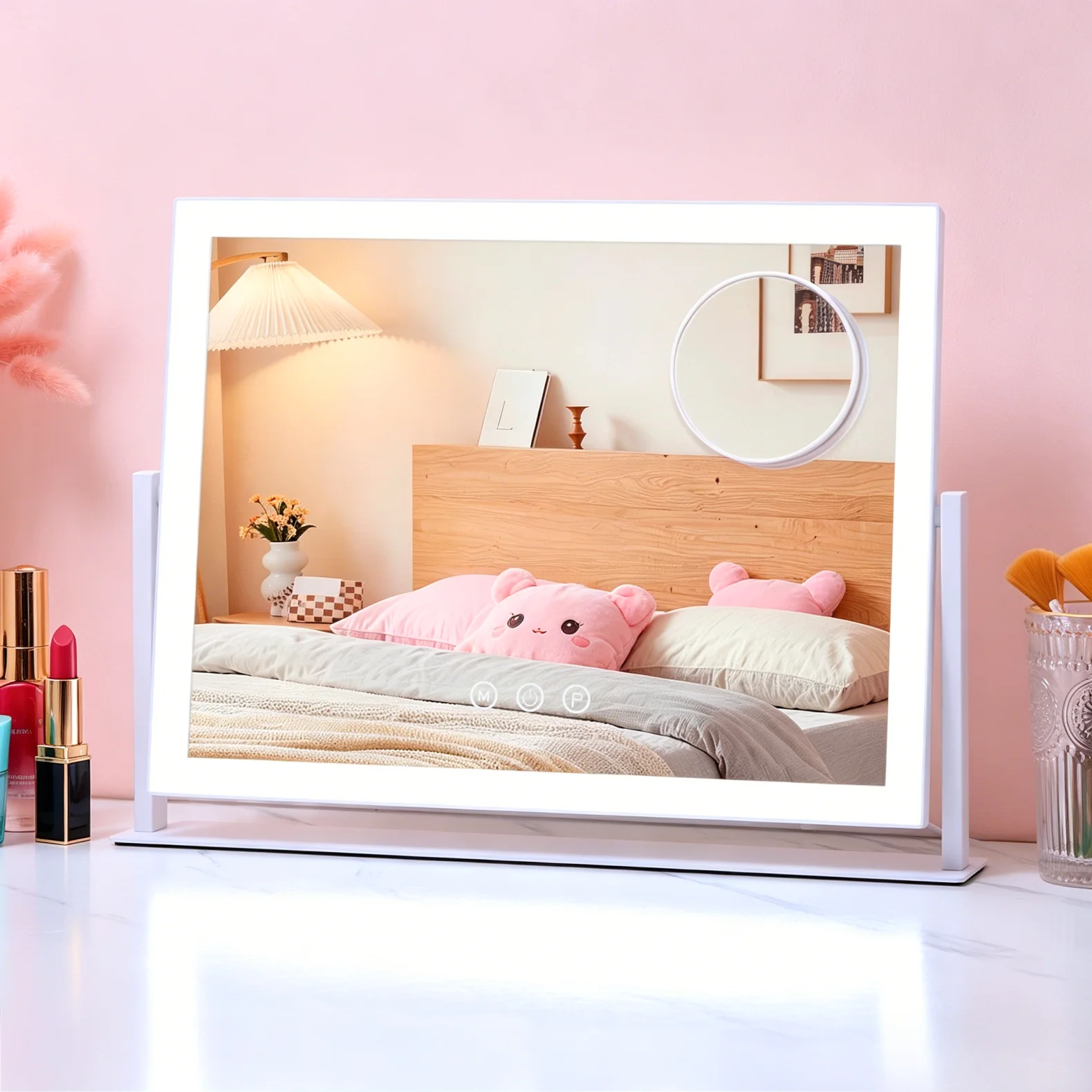 Hollywood-Beleuchtungsspiegel für Make-up 42 × 31 cm, mit 3 Farbtemperaturen, stufenlos dimmbar, 360° schwenkbar, Touch-Steuerung, USB-C-Ladefunktion und 3-facher Vergrößerung, weißer