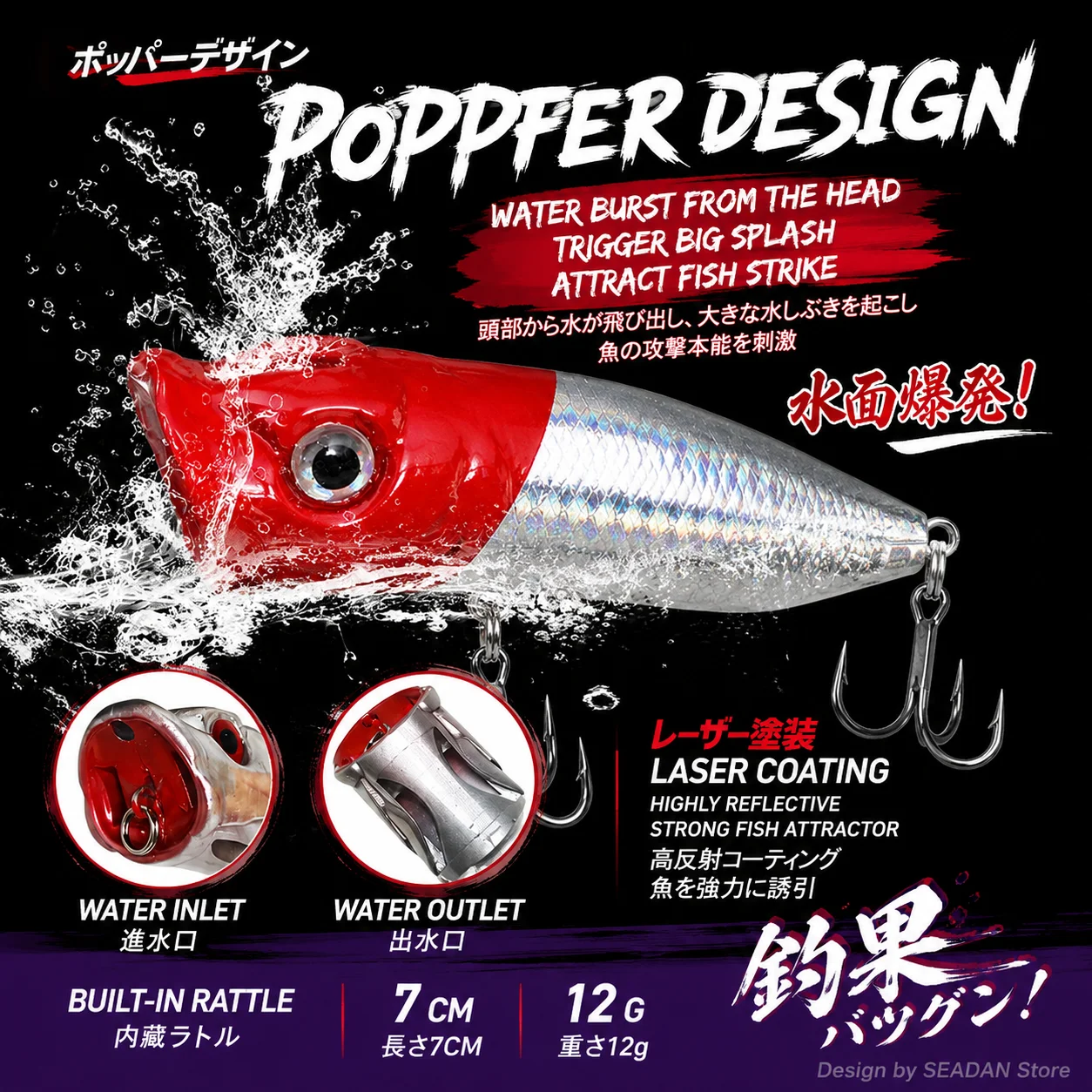 3Pcs Topwater Popper Hard Lure, 8 Colors, Through Hole Design, 3D Realistic Eyes, Built-in Noise Beads for Bass Pike Tuna