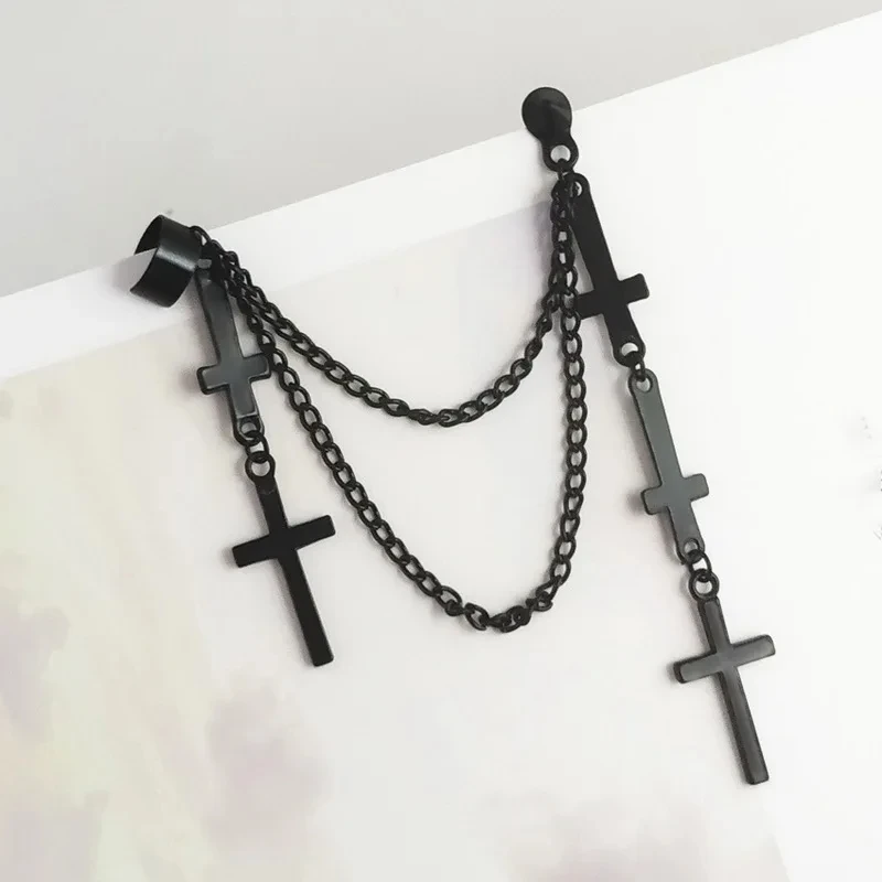 Unisex Punk Cross Tassel Earring Clip Women Exaggerated Modern Metal Christian Chain Drop Dangle Earrings Gothic Hip Hop Jewelry