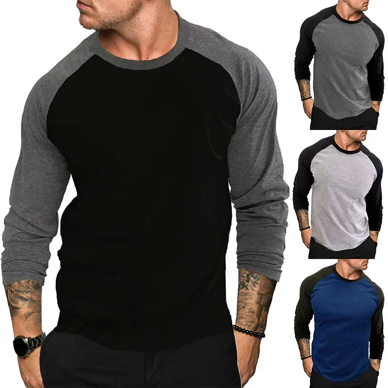 Men's New Long Sleeve Round Neck T-shirt Loose Breathable Large Size Base Shirt Casual with Rotator Sleeves Matching Color Shirt